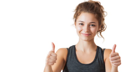 Smiling young woman giving thumbs up, promoting positivity and confidence.