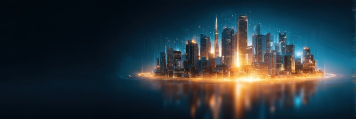 A futuristic cityscape illuminated by vibrant lights, showcasing towering skyscrapers and digital elements against a dark background.