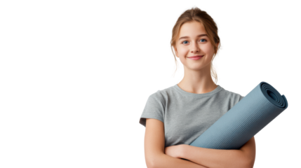 Smiling young woman holding yoga mat, ready for practice, white isolated background.