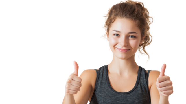 Smiling young woman giving thumbs up, promoting positivity and confidence.