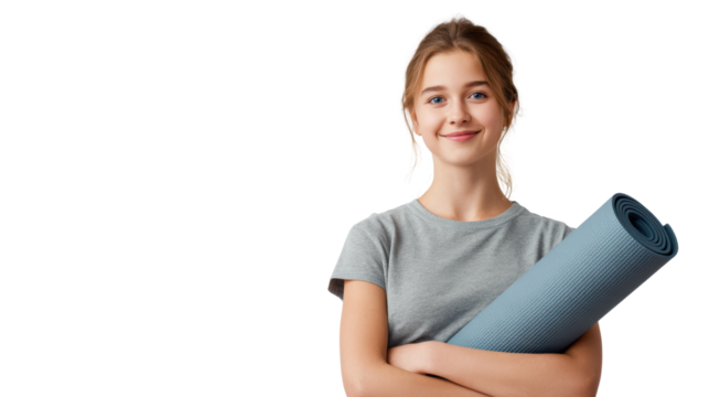 Smiling young woman holding yoga mat, ready for practice, white isolated background.