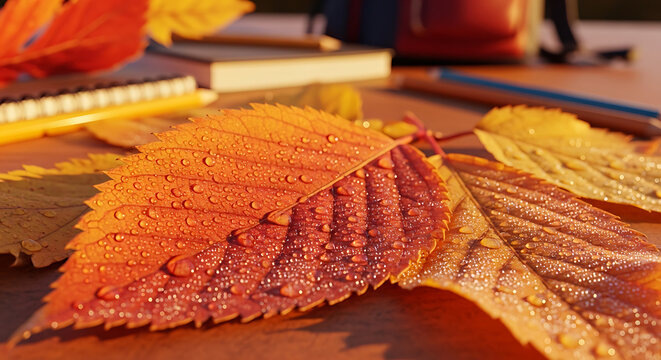 Autumnal Back-to-School Close-Up of Fall Leaves and School Supplies