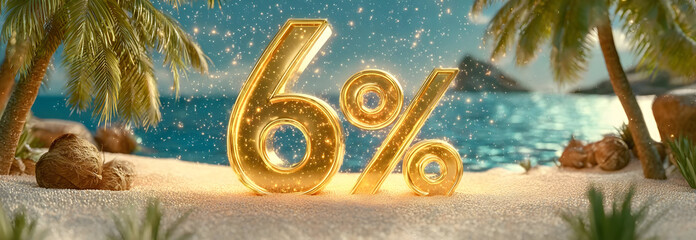 Golden percentage symbol on a tropical beach represents savings and financial success in a vibrant, sunny environment.