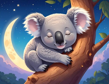 Cute koala sleeping in a tree at night