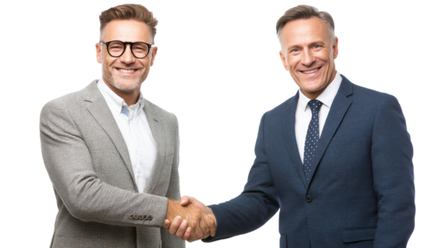 Two business professionals shaking hands with smiles, isolated on white background.