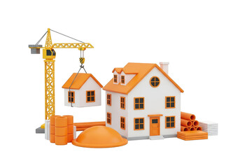3d house construction with crane art isolated on transparent background