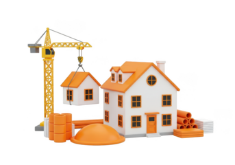 3d house construction with crane art isolated on transparent background