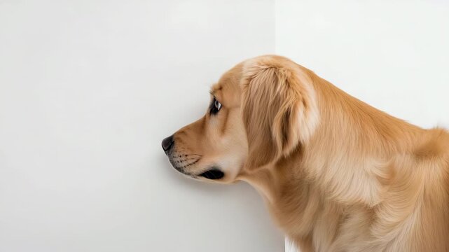 Curious golden retriever observing and reacting to hidden object