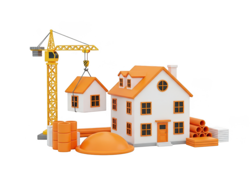3d house construction with crane art isolated on transparent background - Powered by Adobe