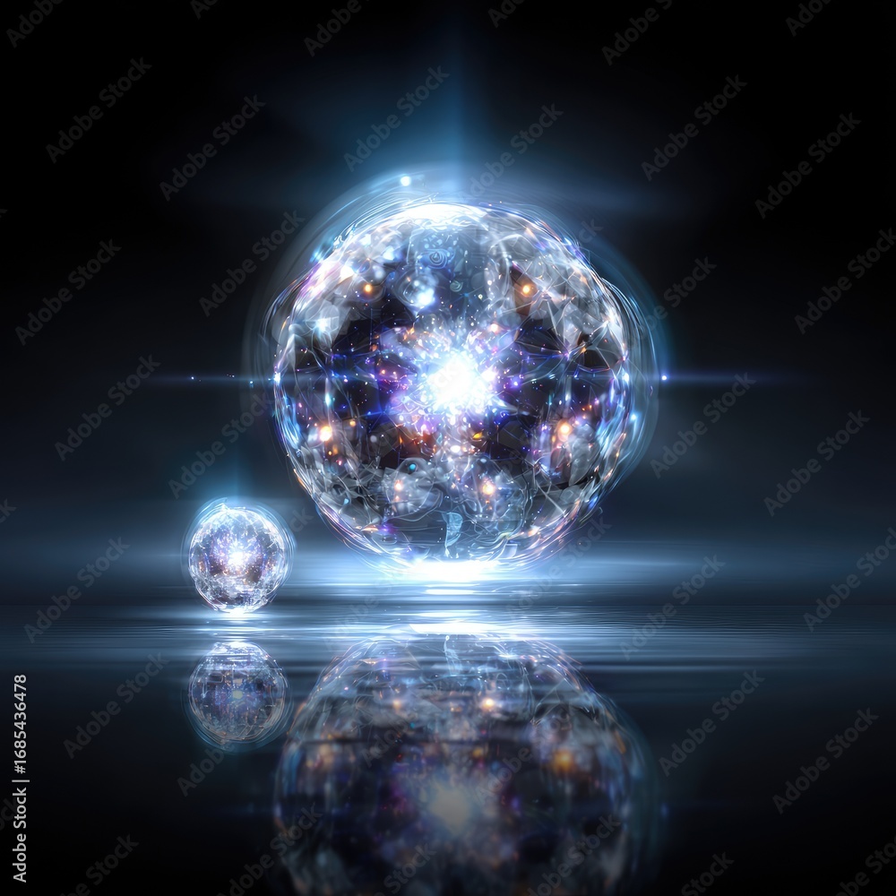 Poster two luminous, interconnected spheres of energy float above a reflective surface, radiating intricate