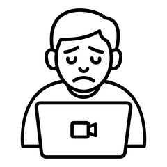 Icon of a tired man in front of a laptop during a Zoom meeting