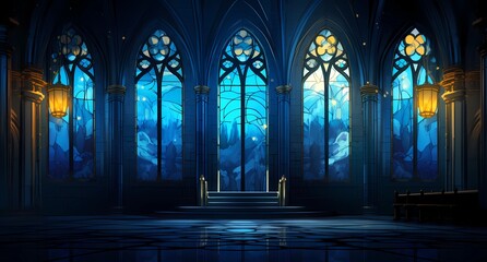 Gothic style stained glass windows in blue