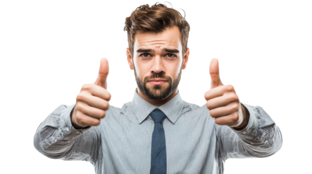 Young businessman showing thumbs up, isolated on white background.