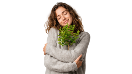 Young woman happily embracing a small plant, green natural subject on a white isolated background.