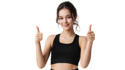 Young woman giving thumbs up, smiling confidently, isolated on white background.