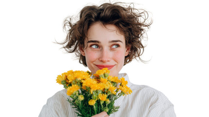 Naklejka premium Young woman holding yellow flowers, smiling joyfully, isolated on white background.