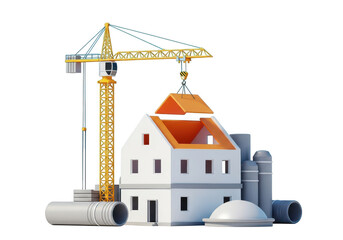 3d house construction with crane lift isolated on transparent background