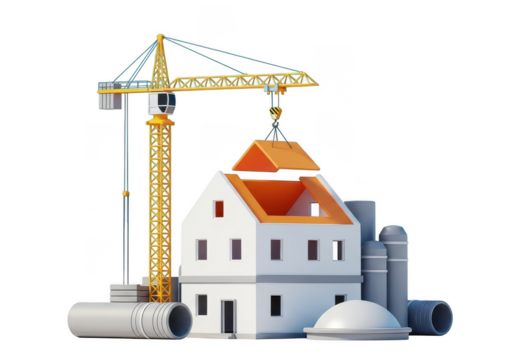 3d house construction with crane lift isolated on transparent background