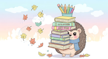 Charming Hedgehog's Autumn Adventure Stacking Books and Embracing Fall's Colorful Embrace