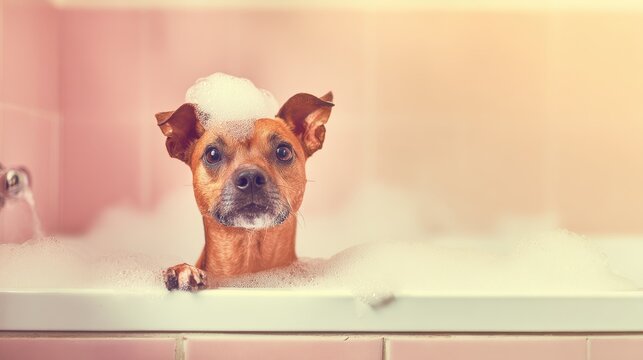 A playful dog enjoying a bubbly bath, captured in a warm and joyful moment, ideal for pet, joy, or family theme designs.