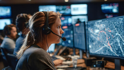 Focused operator at a control center monitors data on multiple screens, exemplifying high-tech communication in action.