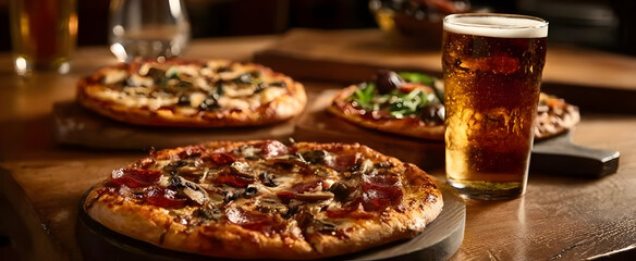 Delicious pizzas served with a cold beer, perfect for a cozy gathering or a casual meal with friends.