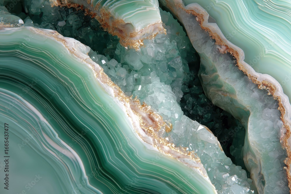 Poster a macro shot of green agate geode with crystal clusters inside the stone. perfect for backgrounds or