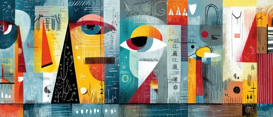 Vibrant abstract painting with geometric shapes and eye motifs in a colorful, modern composition Concept of creativity, imagination, and artistic expression