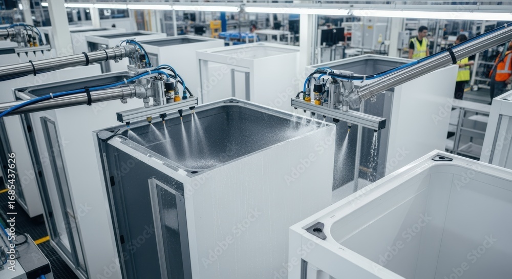 Poster overhead view of automated machinery testing waterproof seals on modular bathroom pods during final 