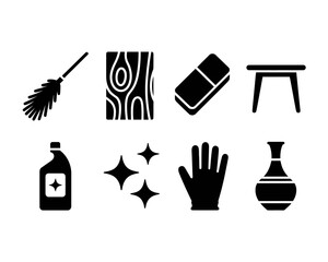 Obraz premium Set of eight black and white minimalist icons representing cleaning supplies and tools scalable vector graphic vector