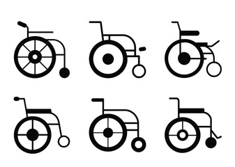 Six black and white wheelchair icons in a minimalistic style design