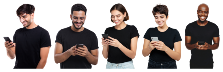 PNG Diverse group using smartphones, element set on transparent background