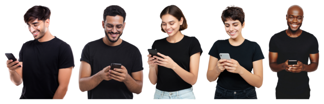 PNG Diverse group using smartphones, element set on transparent background