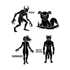 Silhouette illustrations of mythical creatures: Wendigo, dog, skinwalker, and beast of gray road.