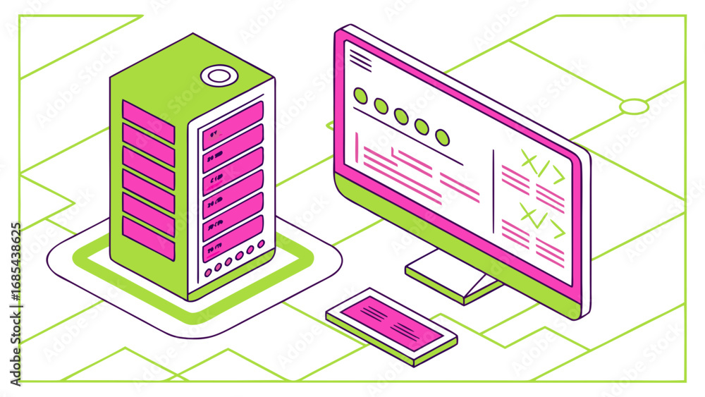 Fototapete isometric server and computer monitor with code on a green network background illustration
