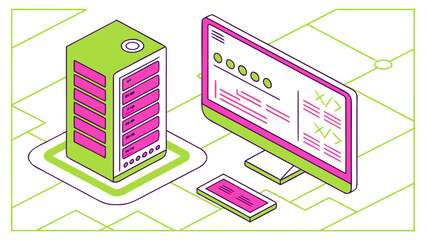 Isometric server and computer monitor with code on a green network background illustration