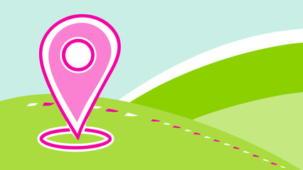 Pink location pin on a green landscape with a dotted path leading towards the horizon in a cartoon style