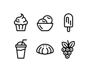 Set of six sweet dessert and fruit line art icons vector graphics scalable illustration vector