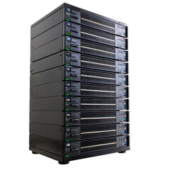 A server unit with multiple hard drives stacked neatly in its bays, ready for storage. full length isolate on transparent background