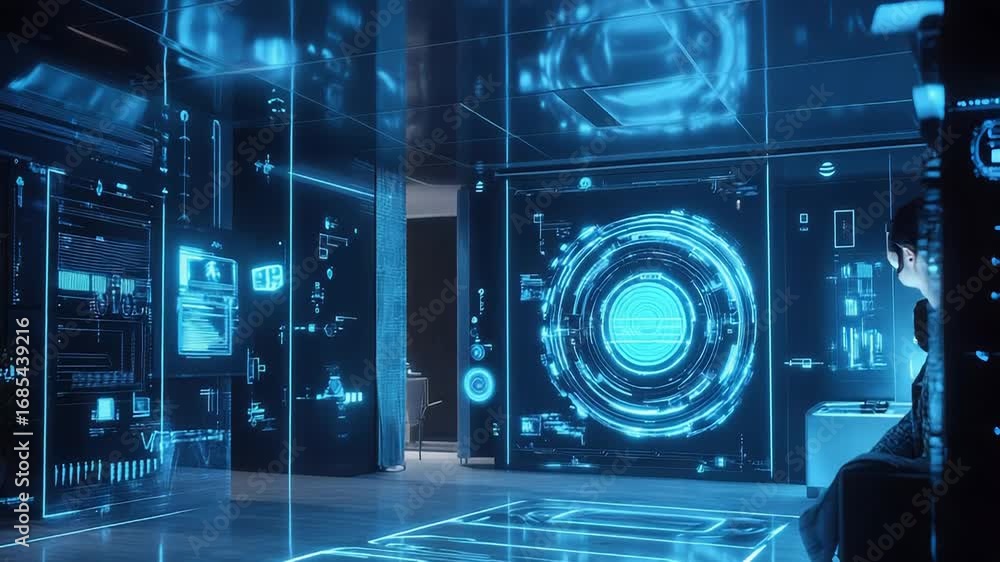Poster futuristic smart home showing holographic data and displaying digital information