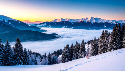 Fototapeta premium Snow-capped mountains rise above a sea of clouds at sunset in a winter landscape