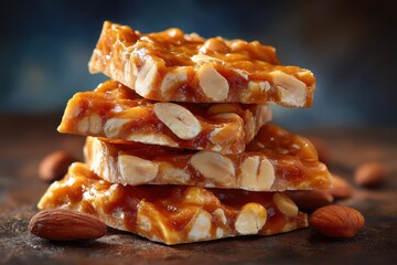 Stack of peanut brittle candy pieces with almonds on a dark textured surface. Use for confectionery, dessert menus, or sweet treat advertising.
