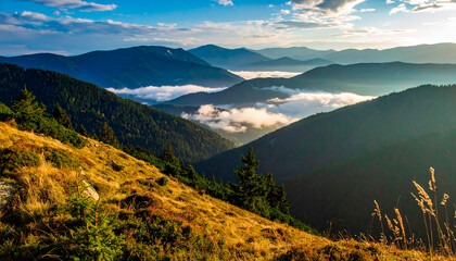 Scenic mountain landscape with misty valleys and towering peaks during sunrise in the early morning