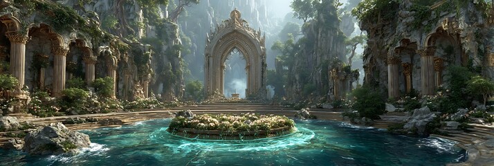 Underwater shrine surrounding glowing energy crystal in ruins of old world