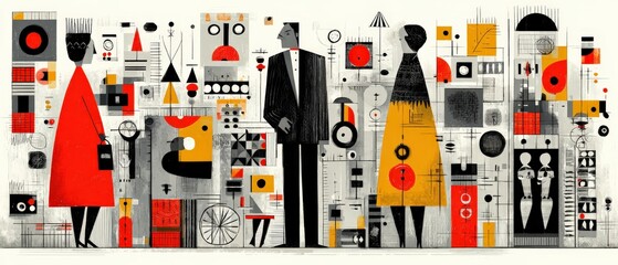 Abstract geometric figures of a man and two women in a midcentury modern style, creating a retro and artistic composition with bold colors and shapes