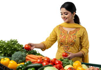 Smiling Woman Selecting Fresh Tomatoes at a Farmers Market