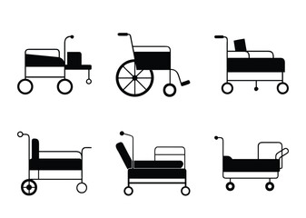 Diverse set of wheelchairs and gurneys icons showcasing mobility and patient care