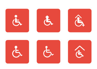 Accessibility icons on red squares, showing wheelchair access and facility options