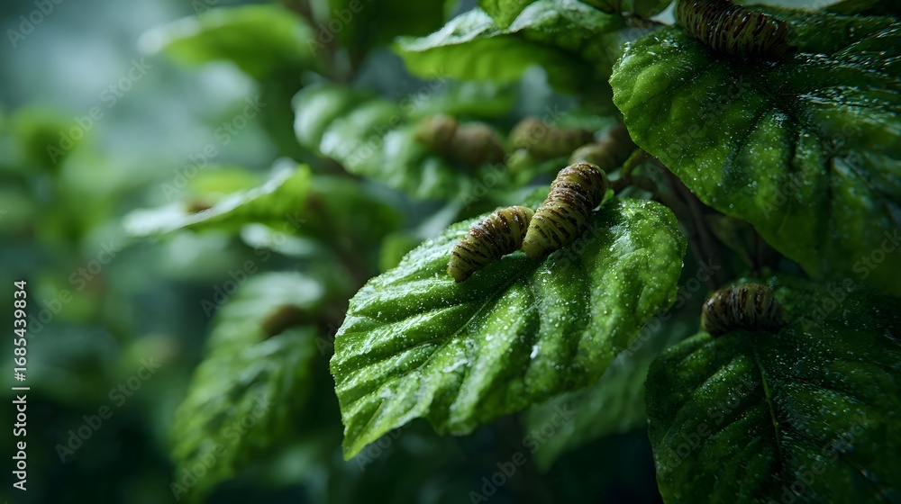 Poster vibrant green leaves with water droplets host multiple segmented caterpillars illustrating natural i