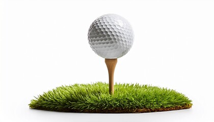 golf ball on tee with grass patch isolated on white background